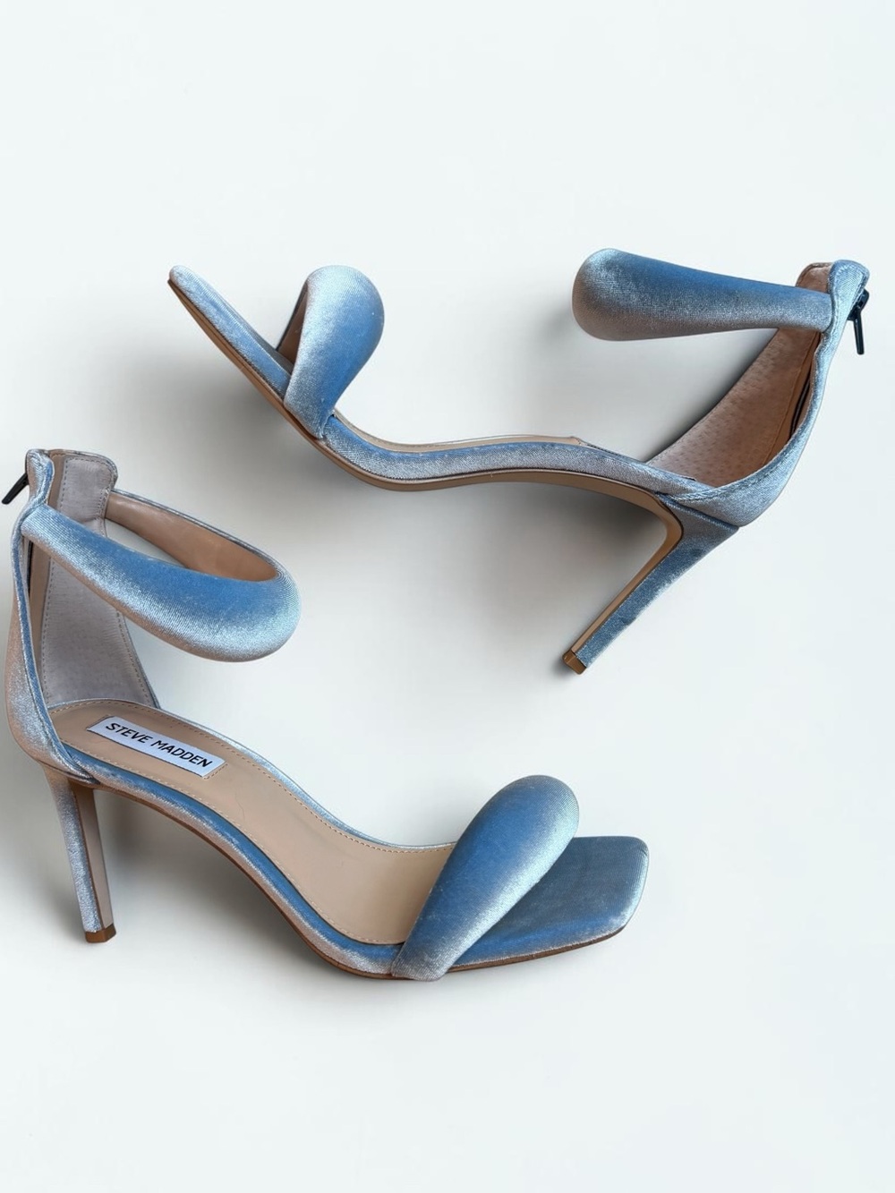 Steve Madden Powder Blue Velvet Ankle-Strap Stiletto Sandals - Picture 3 of 14